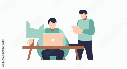 Two men collaborating on a project, one working on laptop, the other reviewing documents, in a modern workspace with desk and chair