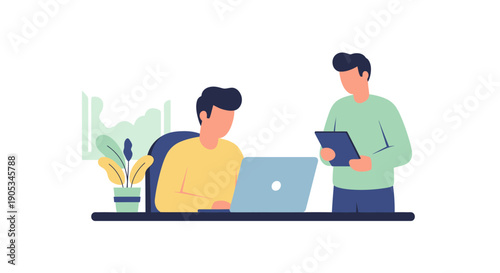 Two men collaborating on a project at a desk with a laptop and documents in a modern office setting from a straightforward viewpoint