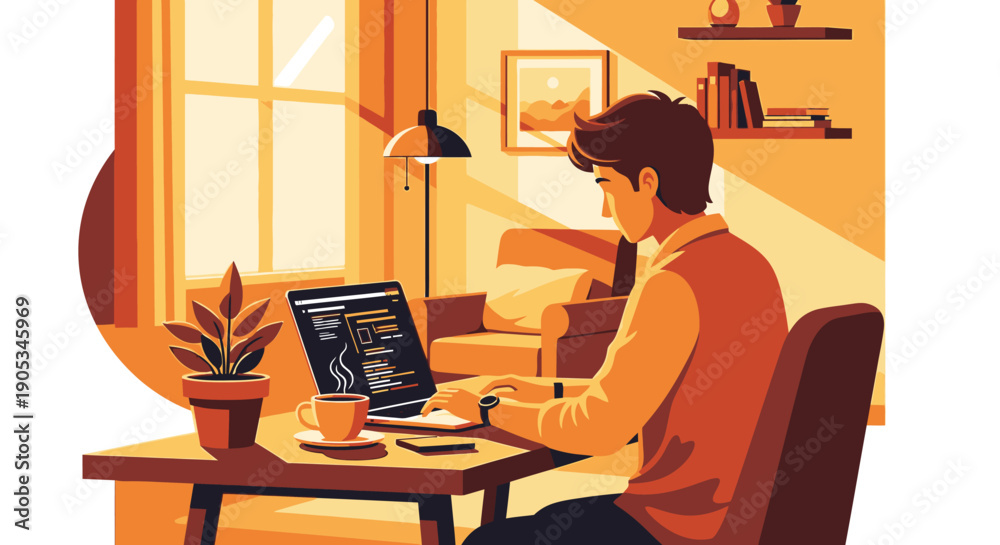 Fototapeta premium Man working on laptop in a cozy home office with a plant on the desk viewed from behind