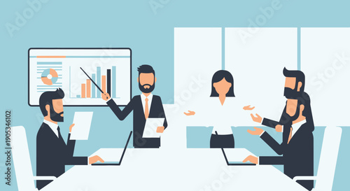 Group of professionals engaged in a collaborative discussion around a table with presentation in a modern office