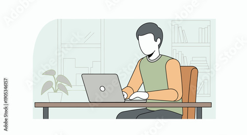 Man working on laptop at desk in a modern office environment with a plant nearby