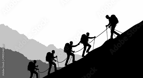 Team of hikers with backpacks and poles climbing a steep mountain together