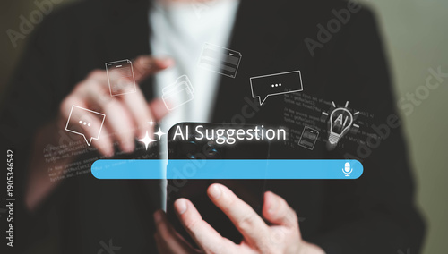 Businessman using smartphone with AI suggestion interface and virtual chat, document, and lightbulb icons. Concept of artificial intelligence assistant, smart recommendation, voice search, chatbot