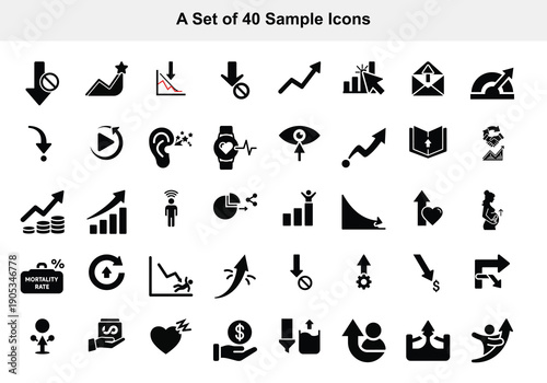 A collection of forty diverse solid black icons representing various concepts symbols and graphical elements high quality professional detailed modern elegant