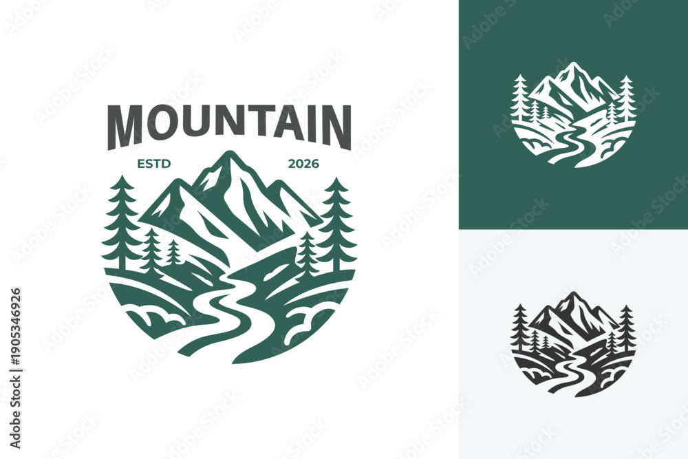 Fototapeta premium Mountain River with Pine Tree Logo Icon Design. Vintage Outdoor Adventure Concept Symbol for Camping Brand, Hiking Club, Nature Park, and Landscape Identity Logo