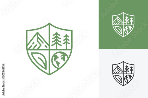 Shield Mountain Tree Globe Logo Icon Design. Abstract Nature Adventure Concept Symbol for Camping Brand, Hiking Club, Eco Environment, and Outdoor Identity Logo