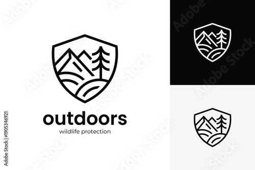 Shield Mountain Tree Logo Icon Design. Outdoor Forest Adventure Concept Symbol for Camping Brand, Hiking Gear, Park Ranger, and Wildlife Identity Logo