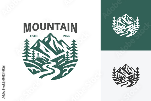 Mountain River with Pine Tree Logo Icon Design. Vintage Outdoor Adventure Concept Symbol for Camping Brand, Hiking Club, Nature Park, and Landscape Identity Logo
