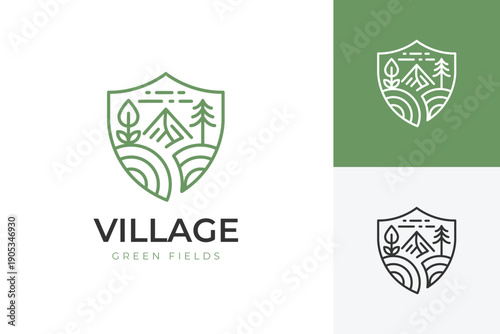 Shield Village Field Logo Icon Design. Abstract Nature Farm Concept Symbol for Agriculture Brand, Green Mountain, Organic Gardening, and Rural Identity Logo
