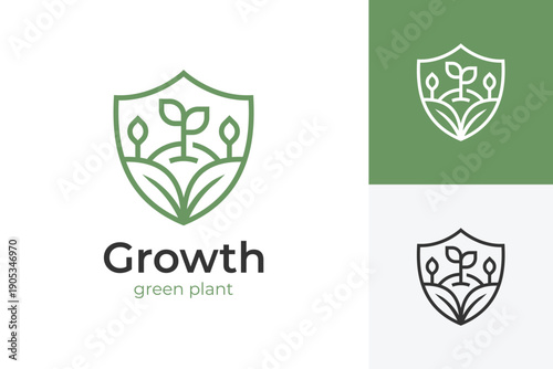 Shield Plant Sprout Logo Icon Design. Abstract Nature Growth Concept Symbol for Agriculture Farm, Gardening Nursery, Eco Protection, and Start Up Identity Logo