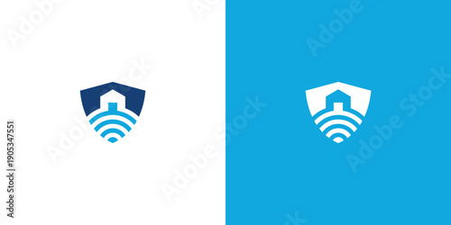Shielded Home WiFi Signal Modern Blue and White Logo Design.