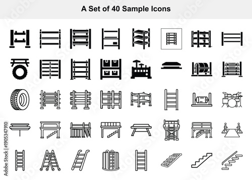 A collection of forty black and white line icons depicting various ladders stairs and related structural elements high quality professional detailed