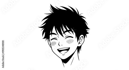 Joyful Anime Boy with Spiky Hair and Blushing Cheeks.
