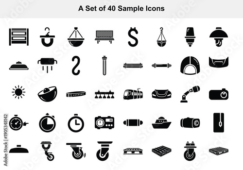 A collection of forty distinct black silhouette icons representing various objects symbols and concepts on a white background high quality professional