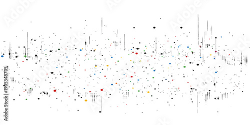 Abstract Digital Data Flow: An artistic representation of data streaming across a network, depicted through a cascade of colorful squares and lines against a stark backdrop. 