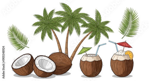 Tropical Coconut Drinks and Palm Trees Illustration: Exotic Beach Vacation Refreshments