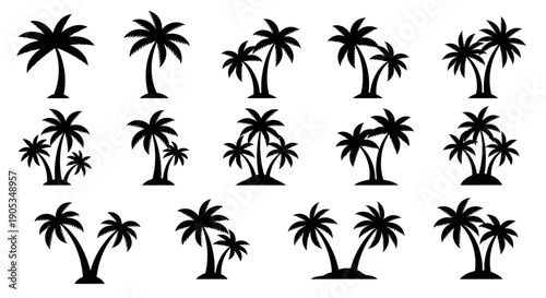 Collection of Black Silhouette Palm Trees on White Background, Tropical Vector Icons