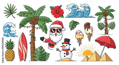 Tropical Christmas Elements: Santa, Snowman, Palm Trees, Surfboard, and Beach Vacation Fun
