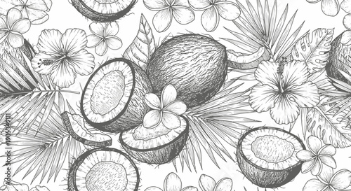 Tropical Coconut and Hibiscus Flower Pattern: Exotic Botanical Seamless Design