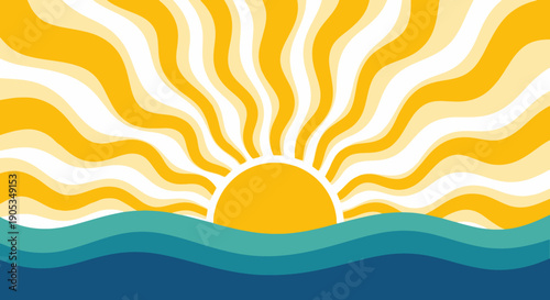 Retro Style Sunburst Over Wavy Ocean Waves, Vintage Summer Vibe