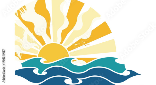 Retro Fan Shaped Sunrise Over Stylized Wavy Ocean Waves and Seagulls Vector Art