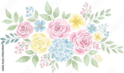 Watercolor floral bouquet with roses and hydrangeas
