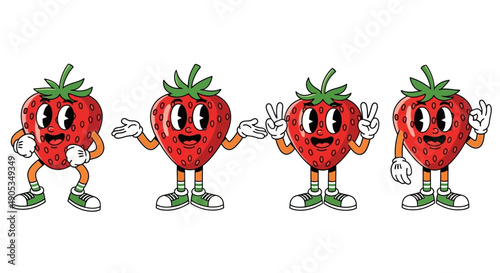 Retro Strawberry Characters with Expressive Poses and Gestures