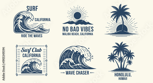 Vintage Surf Culture Badges and Emblems Featuring Ocean Waves and Palm Trees