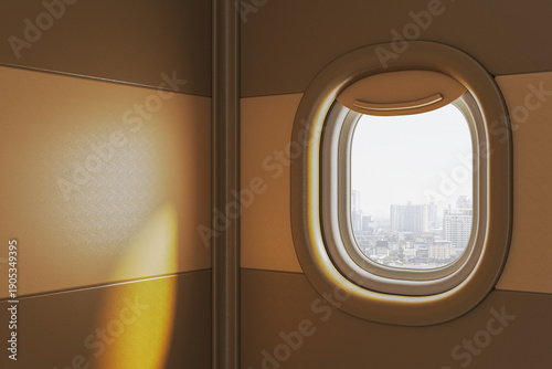 Airplane window view of city skyline through modern aircraft interior in warm light during flight travel journey. 3D Rendering