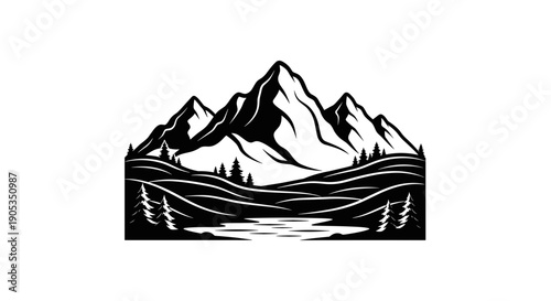 Majestic Mountain Range with Pine Trees and River.