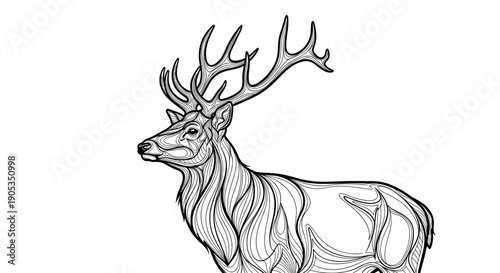 Majestic Stag Head and Antlers Detailed Line Art.