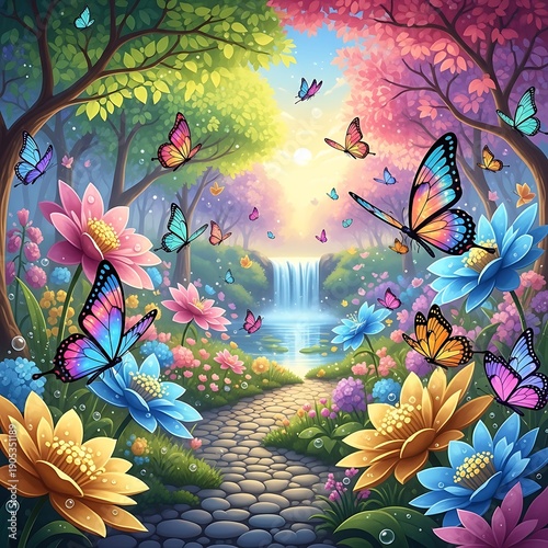 A serene and vibrant forest scene with butterflies and flowers surrounding a winding path.