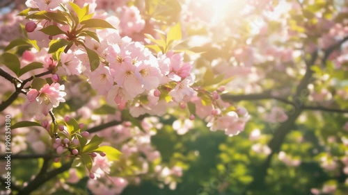 Beautiful blooming cherry blossom tree with pink flowers and sunlight in spring garden