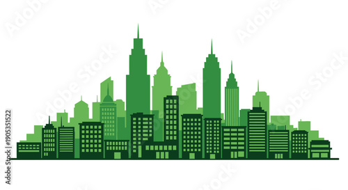 Green city skyline silhouette with various building shapes and sizes against a white background.