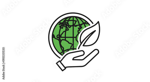 Line drawing of a hand cradling a green globe with a leaf on a white background.