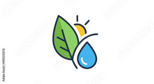 Flat illustration of a green leaf and a blue water droplet with a sun against a white background.