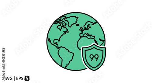 Vector illustration of a green globe with a shield and the number 99 in front of a clean white background.