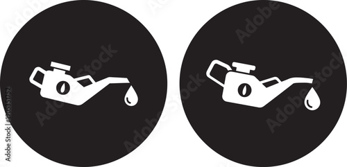 Black Circular Icons with White Oil Can Pouring Drop, Symbolizing Automotive Engine Lubrication and Vehicle Maintenance