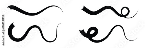 Set of Swoosh and swoop underline typography tails shape in flat styles. Swoosh line vector, underline swish, stroke swash swirl, Brush drawn curved smear. Hand drawn curly swishes, swash, twiddle.. 