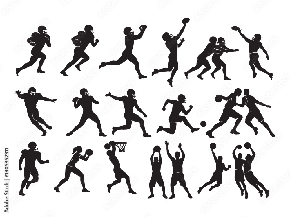 Fototapeta premium American Football Player Silhouettes Football Action Silhouette Set Rugby and Football Players Silhouettes