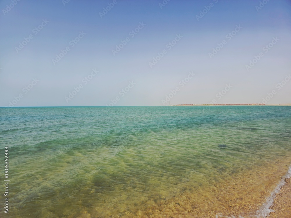 Obraz premium the red sea in Egypt South Sinai at the daylight in summer, Natural panoramic empty shore with no people with sea waves hits the beach, selective focus