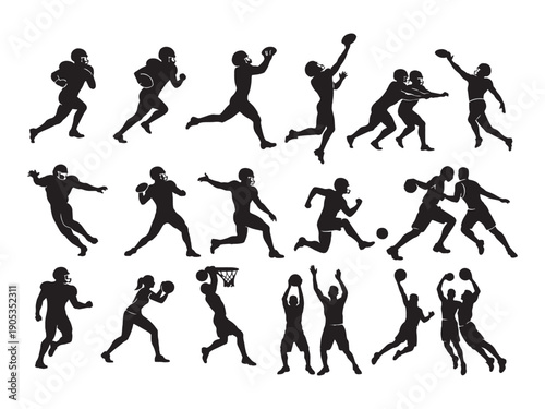 American Football Player Silhouettes
Football Action Silhouette Set
Rugby and Football Players Silhouettes