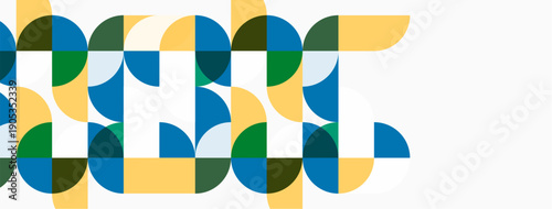 Abstract design featuring overlapping semicircles forming 2024. Colors include blue, green, yellow, white. Modern, geometric pattern.