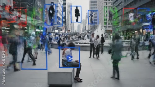 A woman sadly sitting on a bench in a busy city observed by AI