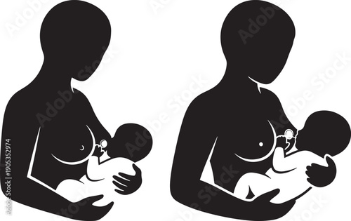 Loving Mother Breastfeeding Baby Silhouette Vector Icons Representing Maternal Care and Infant Nutrition