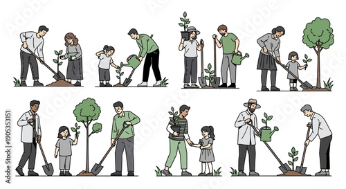 Diverse People of All Ages Planting Trees Together for Environmental Conservation