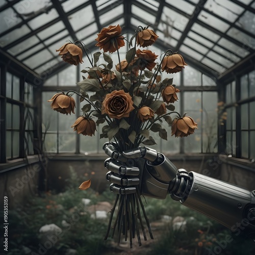 Robot Hand Holding a Wilted Bouquet
Description: Mechanical hand offering dying flowers.
