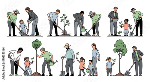 Diverse People Planting Trees Together, Symbolizing Environmental Care and Community
