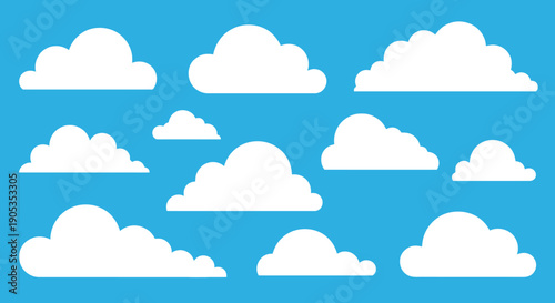 Set of Fluffy White Clouds on a Vibrant Blue Sky Background - Vector Illustration