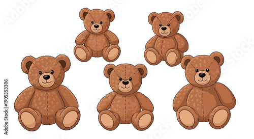Set of Adorable Brown Teddy Bears Sitting Playfully on a White Background